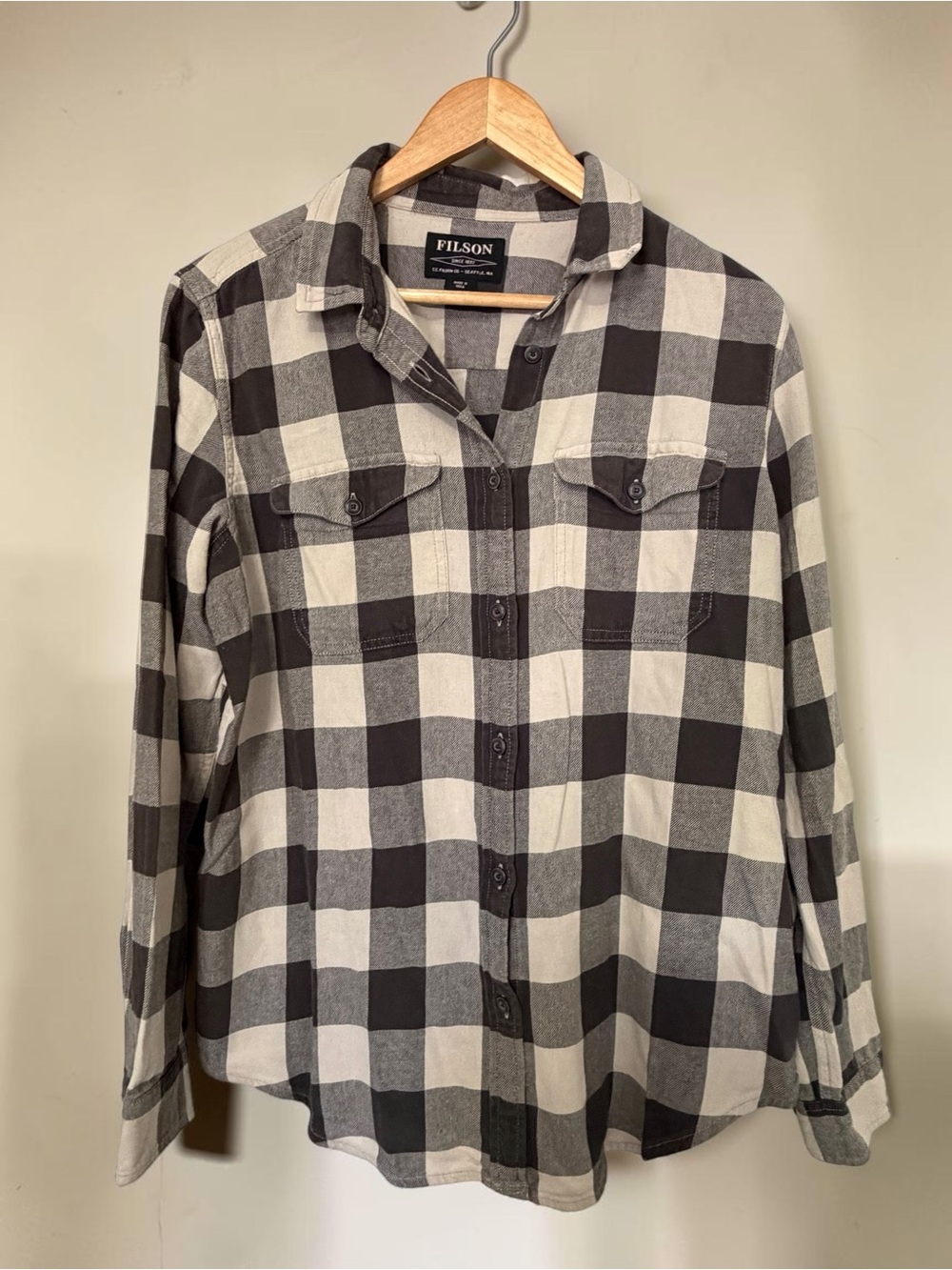 Filson Women’s Buffalo Check Flannel Cotton Shirt XL Black White Plaid Button Up